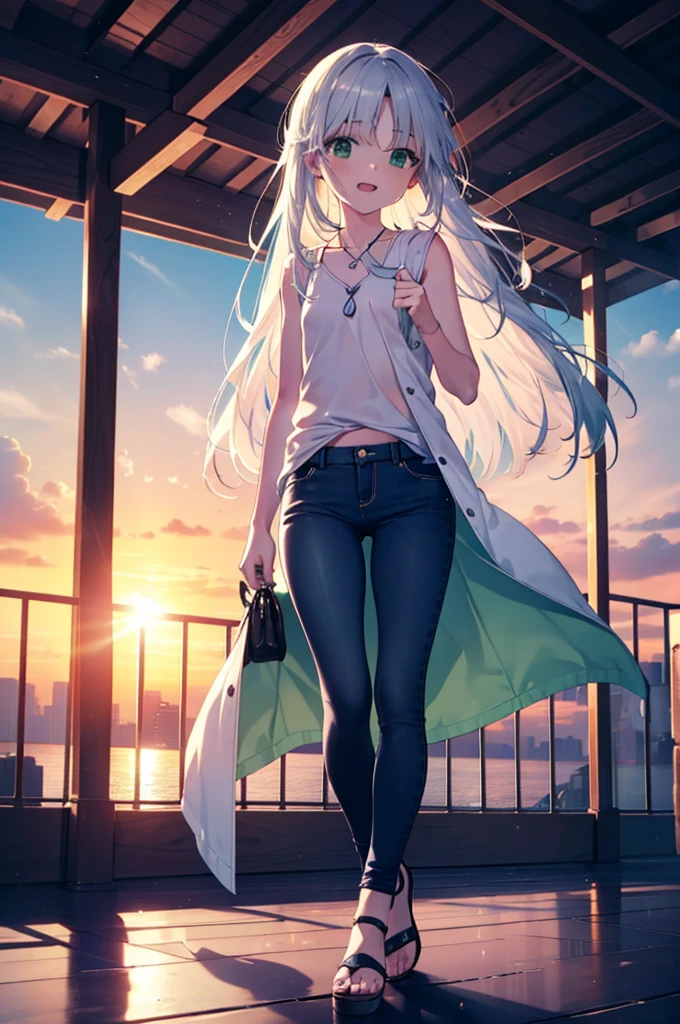 index, index, (Green Eyes:1.5), Silver Hair, Long Hair, (Flat Chest:1.2)happy smile, smile, Open your mouth,v neck tank top shirt,Skinny jeans,Cute Sandals,Rocket Pendant,Walking,Sunset,evening,The sun is setting,whole bodyがイラストに入るように,
break looking at viewer, whole body,
break outdoors, Building district,
break (masterpiece:1.2), Highest quality, High resolution, unity 8k wallpaper, (figure:0.8), (Beautiful attention to detail:1.6), Highly detailed face, Perfect lighting, Highly detailed CG, (Perfect hands, Perfect Anatomy),