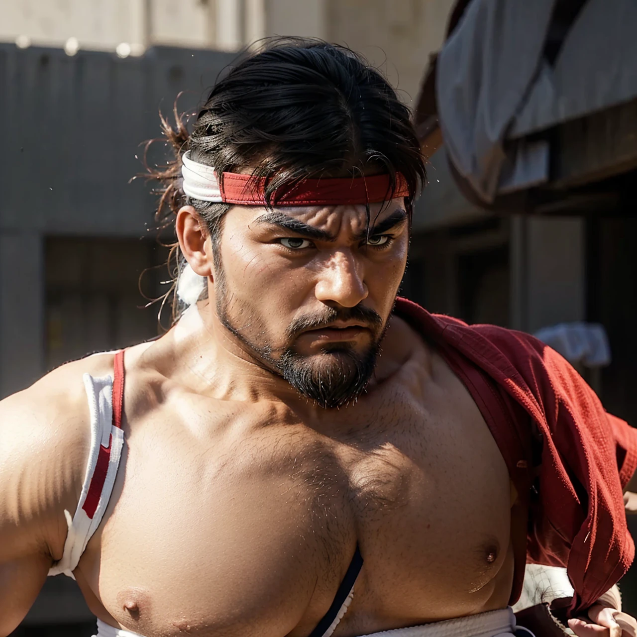 Street fighter ryu, frontal view, bushy eye brows, full body, red sash, beard, angry looking, white karate pants, sandals,