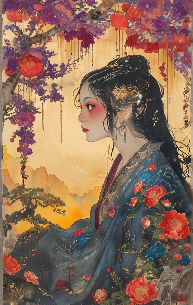 A white dragon lies in the middle of an endless field full of purple flowers, surrounded by snow-capped mountains and a blue sky sparkling with golden sunset rays. The whole scene is filled with a dreamy atmosphere, with vibrant colors and detailed background elements rendered in high resolution and detailed in a top quality illustration style. A girl with black hair and white eyes, dressed in dark , stands next to an anthropomorphic tiger, both looking at the camera. The background is adorned with intricate patterns of flowers and leaves., with a black color scheme, taken from a low angle shot, with high resolution and high detail, a masterpiece 、(Highest quality,4K,8K,High resolution,masterpiece:1.2),Super detailed,(Realistic,photoRealistic,photo-Realistic:1.37),Hot thick succubus mom with long black hair, deep black lips, She wears a revealing black leather outfit with BDSM themes.. Her outfit consists of a seductive bustier, accentuate her voluptuous figure. Her skin is a captivating shade of fiery red, Exudes a devilish charm. A pair of majestic demon wings gracefully grow from her back., Intricately detailed and intricately painted patterns. On her head, She has enchanted tiefling horns, Embodying her other-dimensional existence. The artwork should capture her captivating aura., Showing her confidence and strength. The lighting in the scene should accentuate the seductive curves of her body., Project dramatic shadows and highlights. The color palette should evoke a sense of darkness and desire., Rich black contrast, red, deep chestnut color.