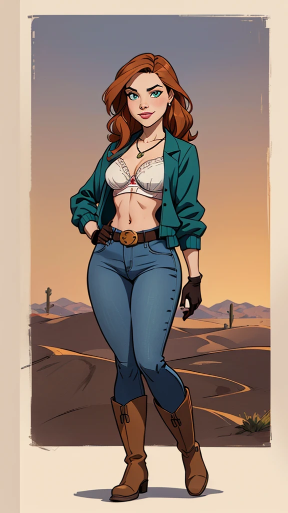 cartoon style:1.2), Drawings of (Ginevra Molly Weasley), he used to smile, perfect green eyes, face detailed, White background, fun pose, seducing gaze,Full body wearing the Sanserina uniform, beautiful medium breasts and wonderful body cartoon style digital illustration. Wearing pantiesJennifer Connelly , , white bra, green vest, sleeveless, へそ, blue jeans, Brown boots, gloves fingerless, short gloves, slightly-smile, shorth hair, wavy hair, parted bangs, blue colored eyes, wart under the right eye, old american west, sunny desert background, waist belt, best qualityer, Artwork Jennifer Connellyum close-up of a woman with a necklace around her neck, attractive female face!!!, very beautiful face, very attractive and beautiful, Natalie Dormer, Sydney Sweeney, like Corinne, amber ear, holywood actress, Dakota Fanning, with very thin lips, taken at the beginning of 2020, face perfect ), most beautiful woman in the worlda woman in a blue jacket and jeans posing for a photo, artegerm extremamente detalhado, gama murata and artegerm, artegerm style, Krenz Cushart e Artegerm, seductive anime girl, artegerm trend, model iG | artegerm, by Yoshihiko Wada, in the artegerm style, artegerm style