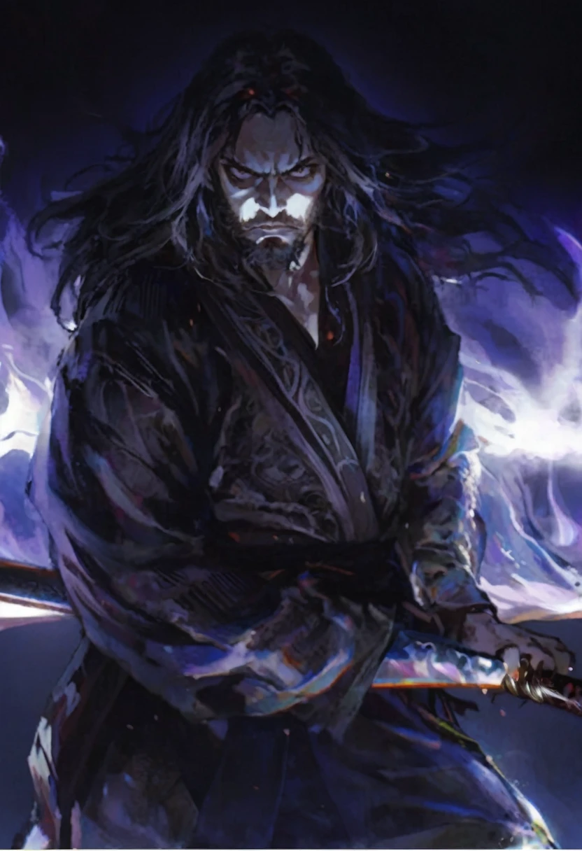 a close up of a person holding a katana in a dark room, evil male sorcerer, solomon kane, portrait of samurai, the allfather, handsome guy in demon slayer art, as a solomon kane, dark cloaked necromancer, musashi miyamoto, standing, fighting stance, looking at the viewer, front camera, eye level, handsome, beard, long hair, angry expression, drawing sword pose, a man holding his sword at his side.
