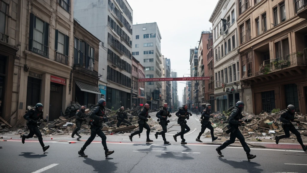 The human leader orders a strategic retreat, signaling his troops to fall back to a fortified position. The scene shows the humans running through a devastated urban area, with cyborgs in pursuit. The background includes barricades and makeshift defenses, highlighting the dire situation.