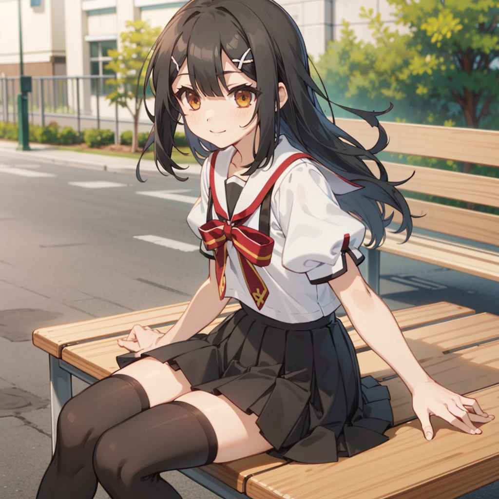 1girl,solo,smile,outdoor,sitting,bench,
miyu,brown_eyes,black_hair,long_hair,bangs,hair_between_eyes,hair_ornament,hairclip,homurahara_academy_school_uniform,school_uniform,puffy_sleeves,short_sleeves,shirt,white_shirt,puffy_short_sleeves,black_skirt,pleated_skirt,ribbon,neck_ribbon,thighhighs,black_thighhighs,