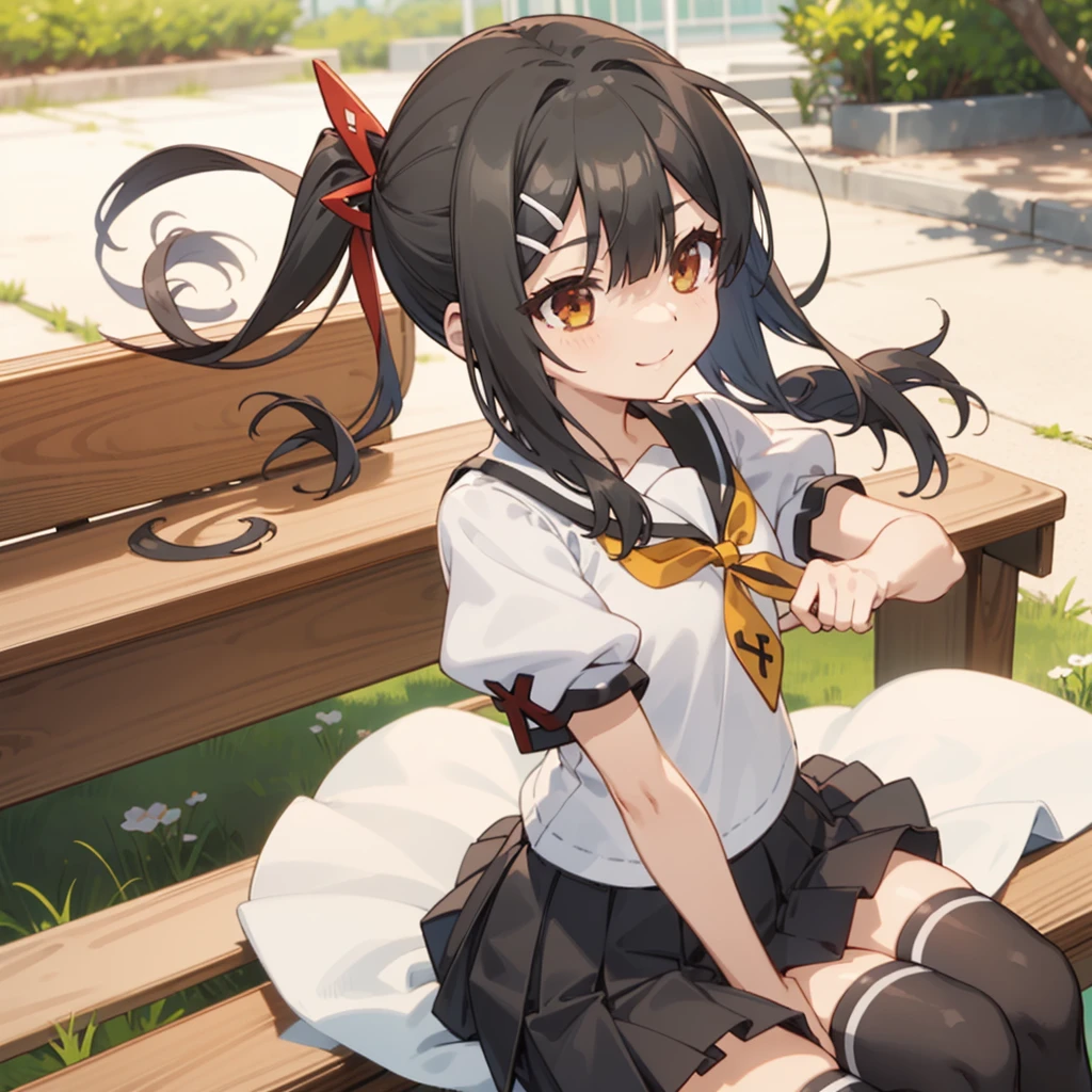 1girl,solo,smile,outdoor,sitting,bench,
miyu,brown_eyes,black_hair,long_hair,bangs,hair_between_eyes,hair_ornament,hairclip,homurahara_academy_school_uniform,school_uniform,puffy_sleeves,short_sleeves,shirt,white_shirt,puffy_short_sleeves,black_skirt,pleated_skirt,ribbon,neck_ribbon,thighhighs,black_thighhighs,