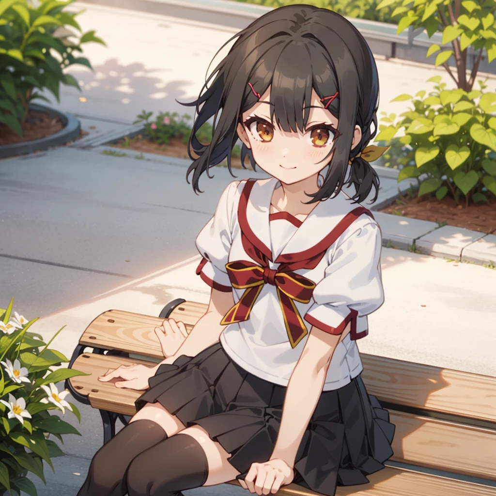 1girl,solo,smile,outdoor,sitting,bench,
miyu,brown_eyes,black_hair,long_hair,bangs,hair_between_eyes,hair_ornament,hairclip,homurahara_academy_school_uniform,school_uniform,puffy_sleeves,short_sleeves,shirt,white_shirt,puffy_short_sleeves,black_skirt,pleated_skirt,ribbon,neck_ribbon,thighhighs,black_thighhighs,