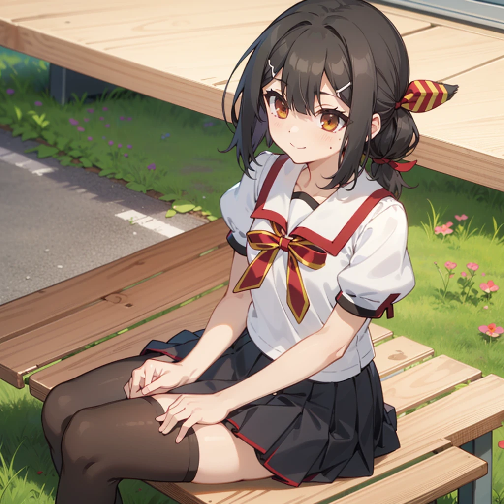 1girl,solo,smile,outdoor,sitting,bench,
miyu,brown_eyes,black_hair,long_hair,bangs,hair_between_eyes,hair_ornament,hairclip,homurahara_academy_school_uniform,school_uniform,puffy_sleeves,short_sleeves,shirt,white_shirt,puffy_short_sleeves,black_skirt,pleated_skirt,ribbon,neck_ribbon,thighhighs,black_thighhighs,