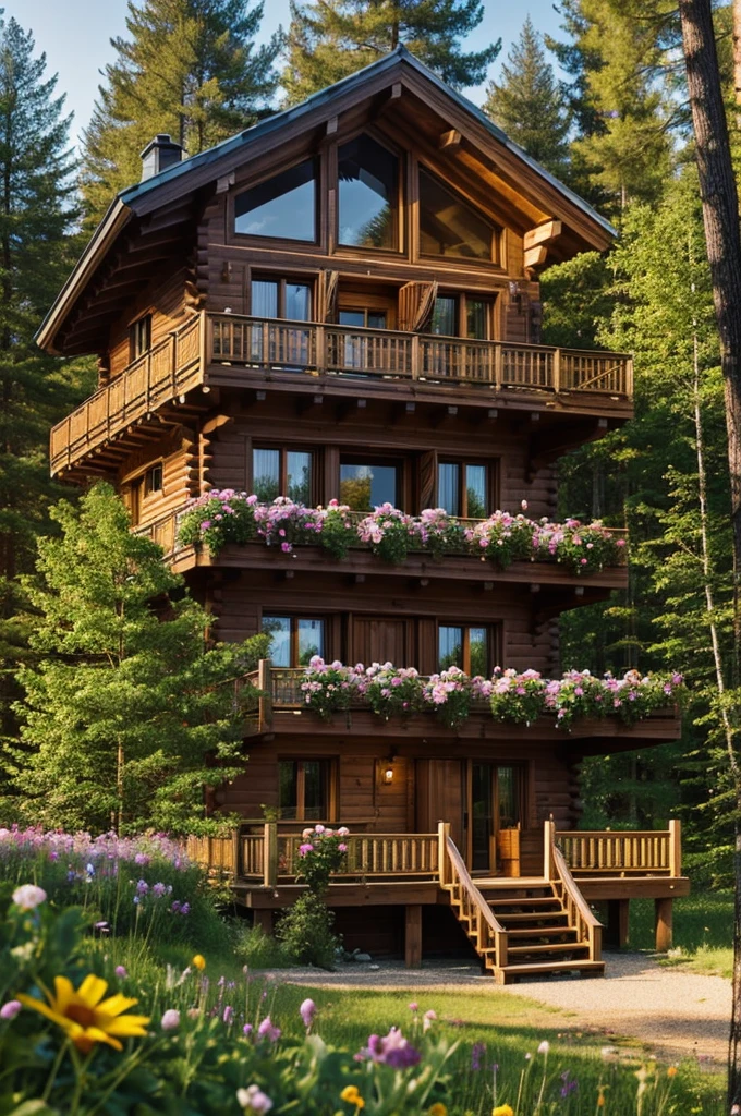 A wooden chalet near a forest surrounded by flowers with a patio facing the sunset