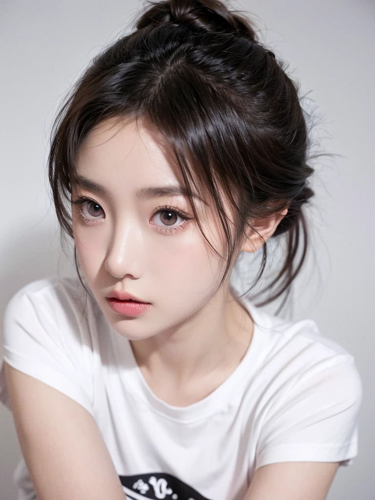 masterpiece,Best picture quality,Extreme details,Ultra-high resolution,Ultra-high definition,Beautiful young people,Glowing skin,thin,Black Hair,Half bun,1,big eyes,beautiful eyes,Lipstick,Exquisite facial features,Medium shot,Looking at the viewer, t-shirt,Single tone background,White background,Soft light