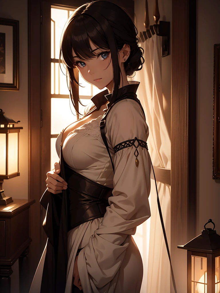 (masterpiece、top-quality、hight resolution、Unity 8k Wallpaper、extremely details CG:1), In a dimly lit inn room, a long-time female adventurer partner leans close to her male companion. She is dressed in slightly worn adventurer attire, yet there is an air of intimacy and vulnerability about her. She whispers softly in his ear, "I'm glad to hear that... you know, I want to know more about you," her voice filled with a mix of curiosity and allure. The soft rustle of her clothing adds to the tension of the moment. Her eyes are filled with a tender, inviting gaze, and her body language suggests an openness and desire to deepen their connection. The room is simple and cozy, with the warm glow of a nearby lantern casting soft shadows, enhancing the intimate atmosphere.