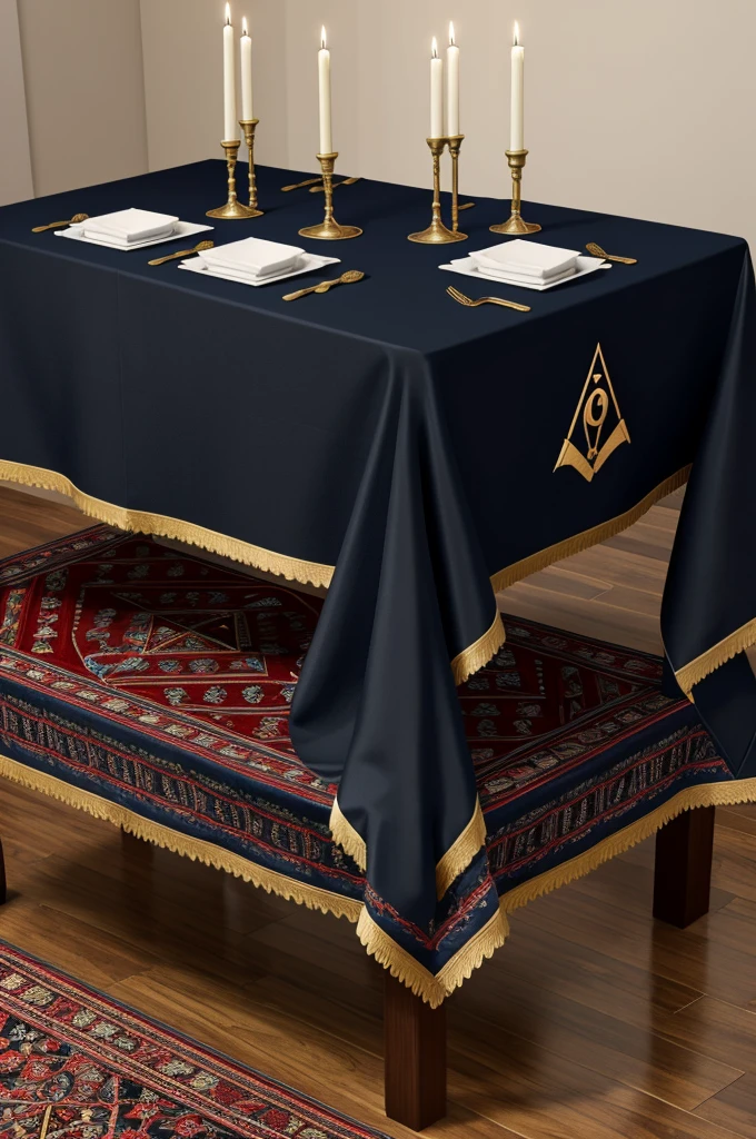 Rectangular Masonic altar with black and blue tablecloth with red embroidery