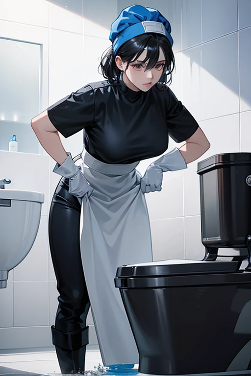 A black-haired mature woman wearing large white rubber gloves and black rubber boots, a blue short-sleeved shirt and blue slacks with a white cloth on her head, cleaning a dirty toilet