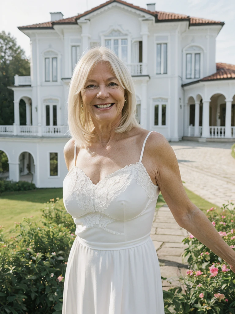 A realistic, photorealistic image of Felicidad, a 60-year-old Finnish woman with a Scandinavian background, (((white blonde and medium length hair))), smiling and enjoying, posing inside the mansion over the hilltop, upper body and upper legs, (((round face))), (((thin hairline))), (((breastbones)))