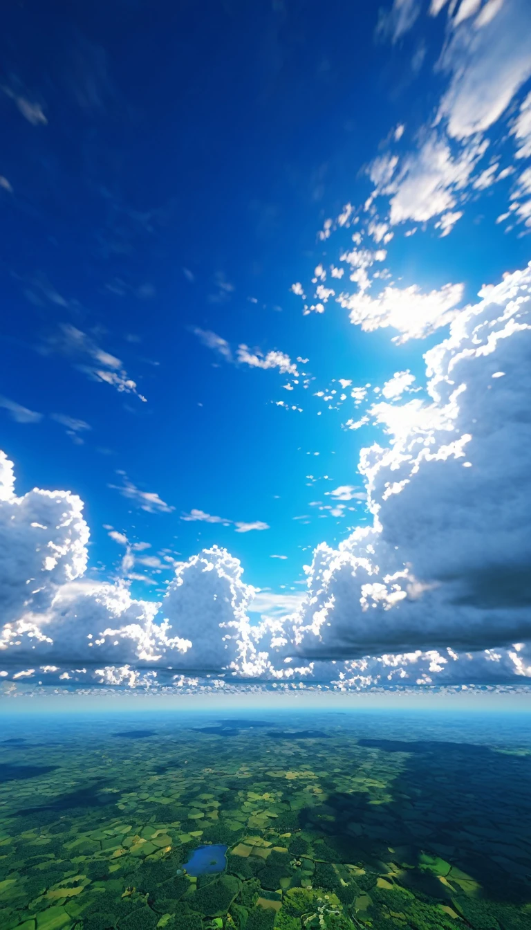 Images with the sky in the center:1.5、Summer sky,Realistic,Very realistic,Extreme Detail,Breathtakingly realistic,High contrast realism,High Saturation Realism,Vibrant colors,Dramatic lighting,Fascinating landscape,Persuasive storytelling,Atmospheric scenery,Captivating visuals,Intricate details,Strong emotions,Heavenly Beauty,A dreamlike world、((Visible faintly in the distance:1.5),Countless pillars of light pouring down from the sky)、scattered clouds