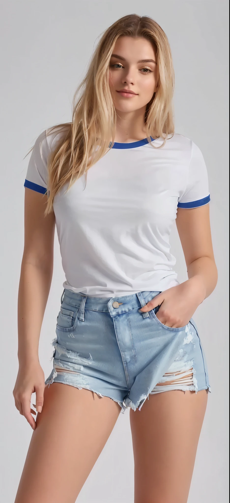 a woman in a white shirt and blue shorts posing for a photo, jeans and t shirt, white undershirt, White top, tight shirt, fair blue t-shirt, plain white undershirt, vestido com uma white undershirt, white undershirt, white undershirt, daisy dukes, wearing a shirt and jeans, wearing shorts and t-shirt, wearing tight shirt