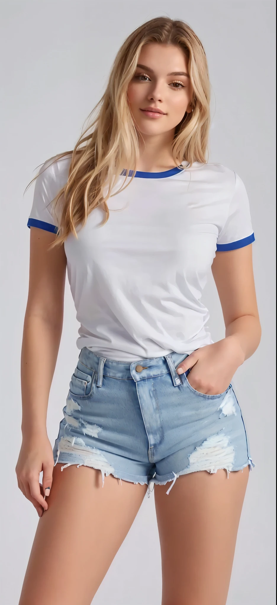a woman in a white shirt and blue shorts posing for a photo, jeans and t shirt, white undershirt, White top, tight shirt, fair blue t-shirt, plain white undershirt, vestido com uma white undershirt, white undershirt, white undershirt, daisy dukes, wearing a shirt and jeans, wearing shorts and t-shirt, wearing tight shirt