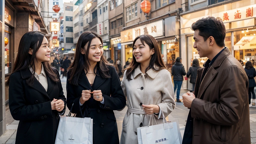2women1man shopping outdoors together, hand holding a bag, no Chinese language
