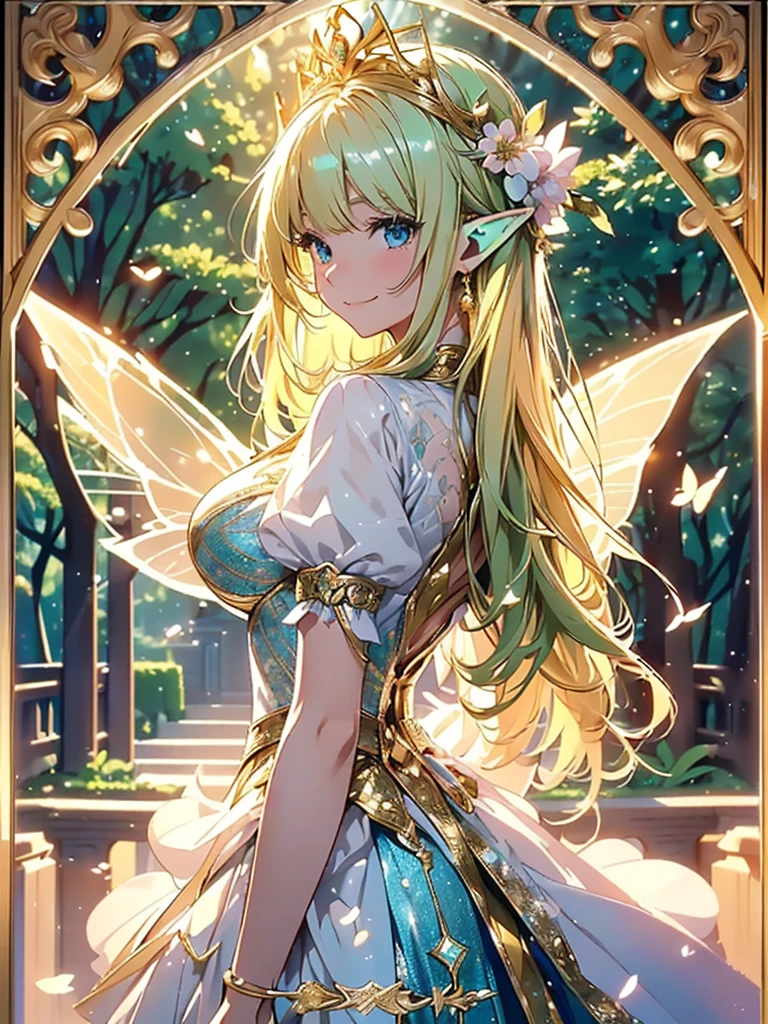 最high quality、1woman elf 、blondes、、、Beautiful foam in the style of tarot cards、、CourtyardShining fairy wings、AND.g: Worst quality ,Flower fractal art　　、see-throughbodystocking,Beautiful side shot, radiance,High-definition depiction, Realistic, 8K, Unity, beautiful Shot, light smile, Beautifully and vividly drawn, , Beautiful, beautiful, clear skin、sexly,beautiful dress,Countless rays of light pouring down, Swirling Light, big background, Raise one arm above your head, Intense light is emitted from the magic circle in front of the girl.   forest、Lots of leaves、green leaves、flower、Particles of light、Bedroom at night、Magic Palace、Fairy tale、Dormitory Romanticism,Cowboy Shot: The most beautiful form of chaos, Mr..々colour, Intertwined flowers, Particle,magical gentle light,smile,sexly,image quality、masterpiece、Beautiful Face、Super beautiful elf woman((Big breasted 22 year old office lady、Bust 100,Beautiful long ironed hair 、blondes hair,height: 165cm。、sexly、ANDsbian、、high quality、、Visual art、Written boundary depth、、ANDlf ANDars、、universe、Happy smile、gentle light、ANDlf forest、elegant、ticker beautiful decorative、、magic、forest、beautiful tiara、Beautiful bed、Beautiful Landscape、A kind smile、wonderful、Fluttering petals、Dance happily、、Cultivate fantasy、、Mystery light　Lots of flowers、、art、forest, palace, art,mystery,Ultra-high resolution,atmosphere