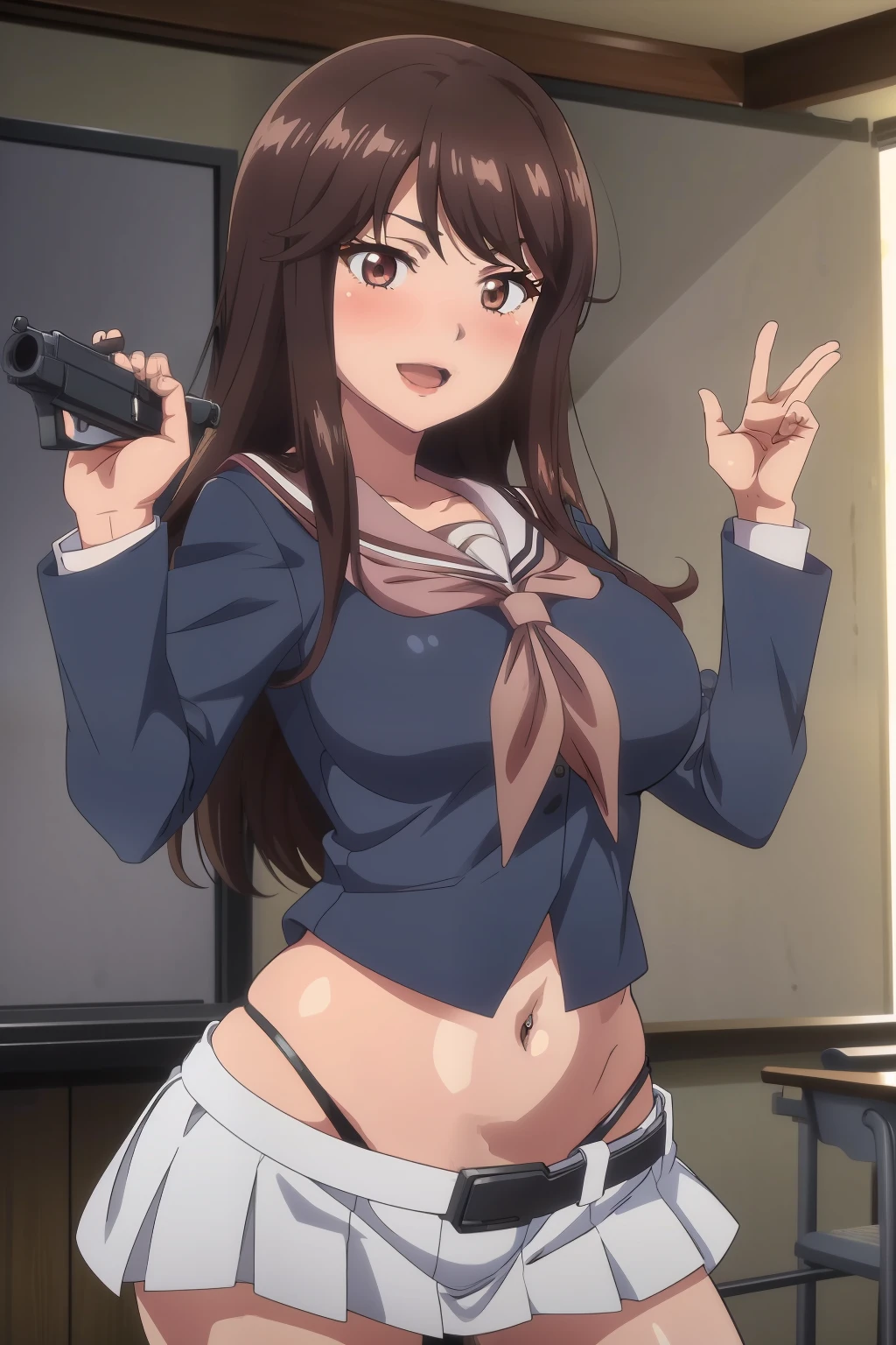 1girl,solo,lips,long hair,brown hair,brown eyes,bangs,mature female,
blush, lipstick, masterpiece, best quality, highly detailed, a anime girls in sailor uniforms with a gun posing for a picture,
evil smile, smile, open mouth,black_serafuku, ecchi anime style, anime girls , (nsfw) not safe for work,
ecchi style, ecchi, shipgirls, digital anime art!!, high school girls, holding a gun, hold a gun, anime style 4
k, micro skirt, exposed belly, exposed navel, exposed midriff,
exposed lower belly,school, classroom, navel piercing