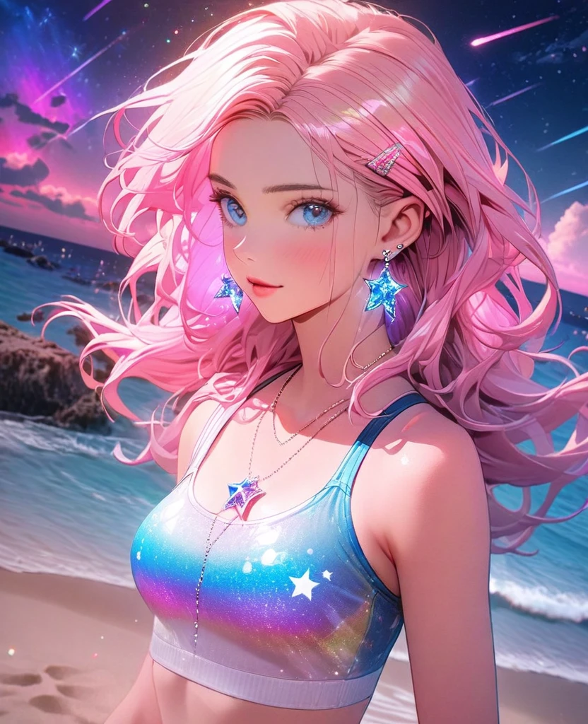 8K,gal，Beautiful and realistic skin,Shiny jewel-like earrings，pink glowing tattoo,Long colerful hair,blue eyes,Night view,Sparkling landscape,whole body,Swimsuit with sparkly tank top on the upper body,A big pink moon and colorful shooting stars,Beach at night