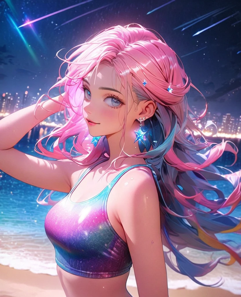8K,gal,Beautiful and realistic skin,Shiny jewel-like earrings,pink glowing tattoo,Long colerful hair,blue eyes,Night view,Sparkling landscape,whole body,Swimsuit with sparkly tank top on the upper body,A big pink moon and colorful shooting stars,Beach at night