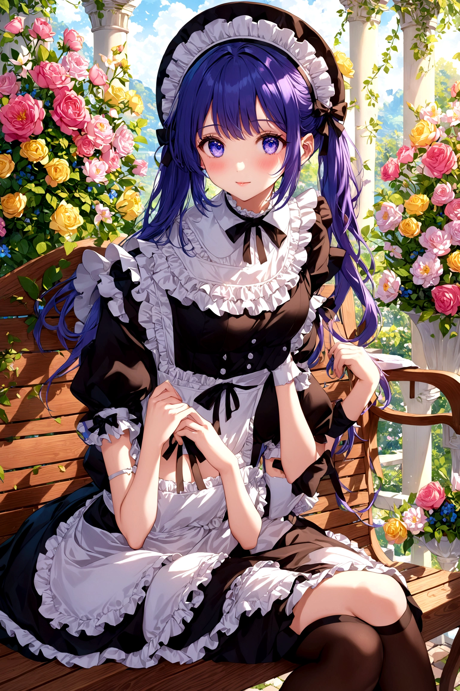 anime girl sitting on a bench with a hat and flowers, , loli in dress, anime girl in a maid costume, anime moe artstyle, splash art anime loli, loli, cute anime waifu in a nice dress, gorgeous maid, highly detailed exquisite fanart, guweiz on pixiv artstation, marin kitagawa fanart, maid outfit