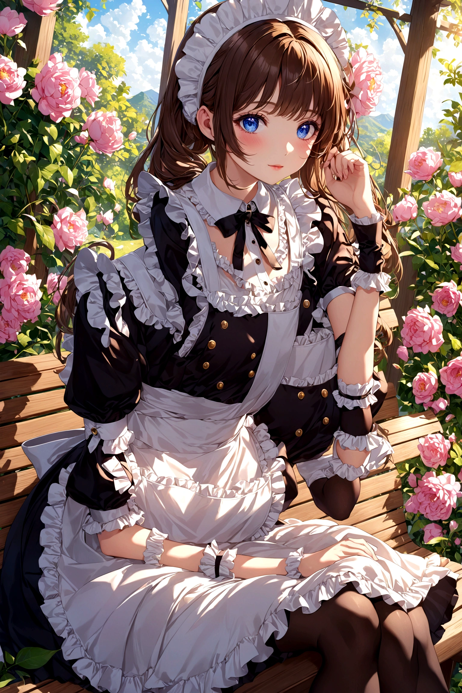 anime girl sitting on a bench with a hat and flowers, , loli in dress, anime girl in a maid costume, anime moe artstyle, splash art anime loli, loli, cute anime waifu in a nice dress, gorgeous maid, highly detailed exquisite fanart, guweiz on pixiv artstation, marin kitagawa fanart, maid outfit
