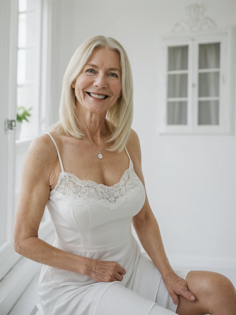 A realistic, photorealistic image of Felicidad, a 60-year-old Finnish woman with a Scandinavian background, (((white blonde and medium length hair))), smiling and enjoying, posing inside the mansion over the hilltop, upper body and upper legs, (((round face))), (((thin hairline))), (( bones))