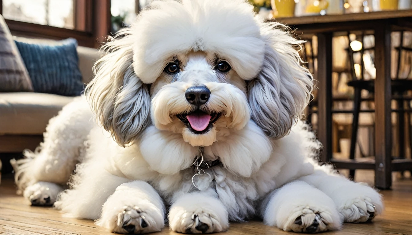 "An extremely fluffy white Standard Poodle with an ultra-soft, cloud-like appearance in a cozy dog cafe. The poodle's coat is exceptionally long, voluminous, and untrimmed, creating a massive ball of fluff. Its entire body, including the face, is enveloped in an abundance of white, cotton-candy-like fur. The dog's features are almost hidden beneath the expansive fluff, with only its dark eyes and black nose peeking through. The fur on its face is particularly plush, forming a round, pillow-like shape that frames its adorable expression. Its body appears twice its actual size due to the sheer volume of fur, which flows and moves with every slight movement. When lying down, the poodle looks like a giant, living cushion. When peeking over a surface, it resembles a fluffy white cloud with eyes. The overall effect is of an almost comically oversized, incredibly soft and huggable dog that seems more like a stuffed toy than a real animal."