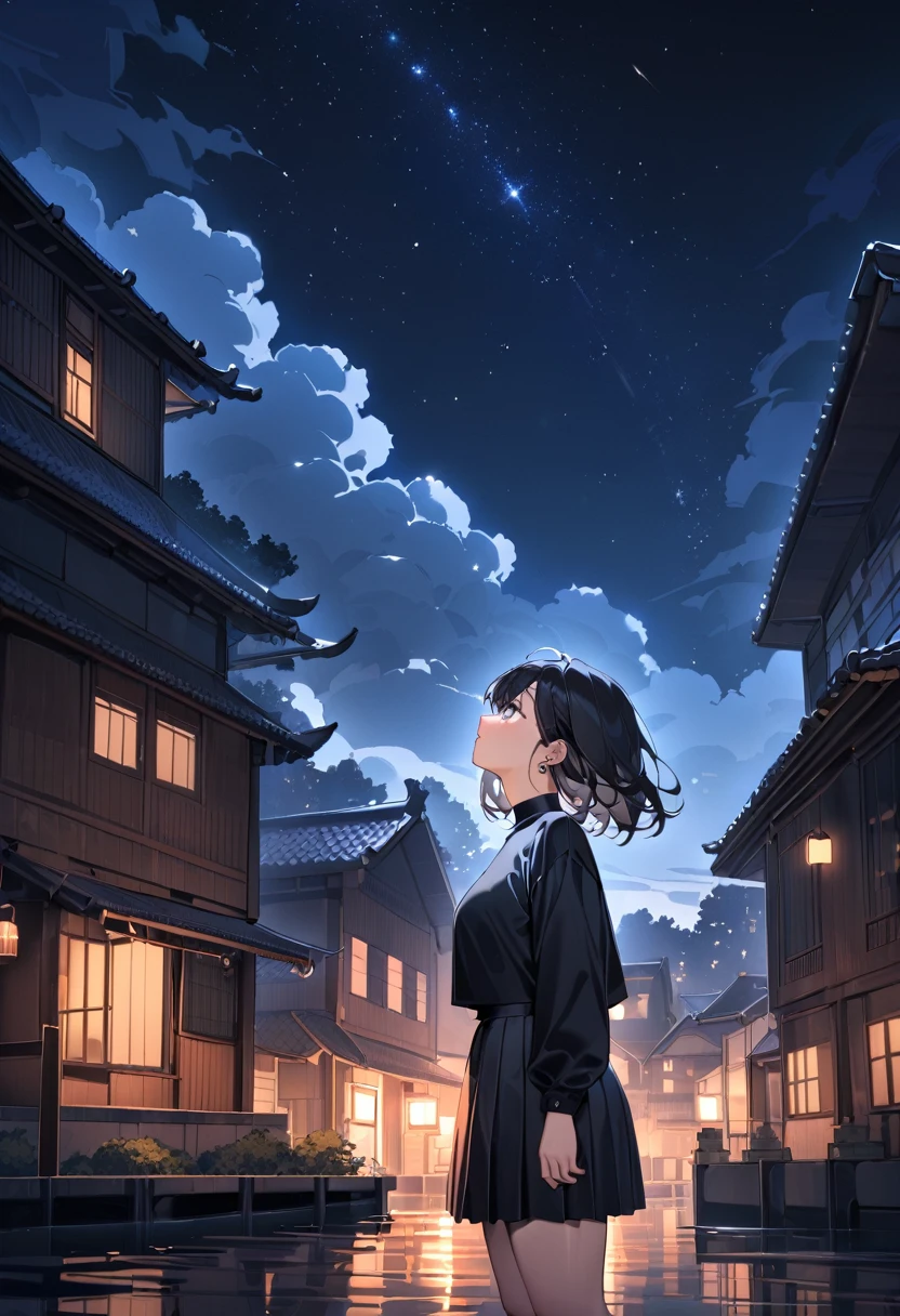 masterpiece, best quality, very aesthetic, absurdres, newest, 1girl, solo, short hair, bangs, skirt, black hair, looking up, long sleeves, jewelry, standing, outdoors, sky, cloud, medium hair, water, black footwear, tree, profile, night, building, star \(sky\), night sky, scenery, starry sky, upper body