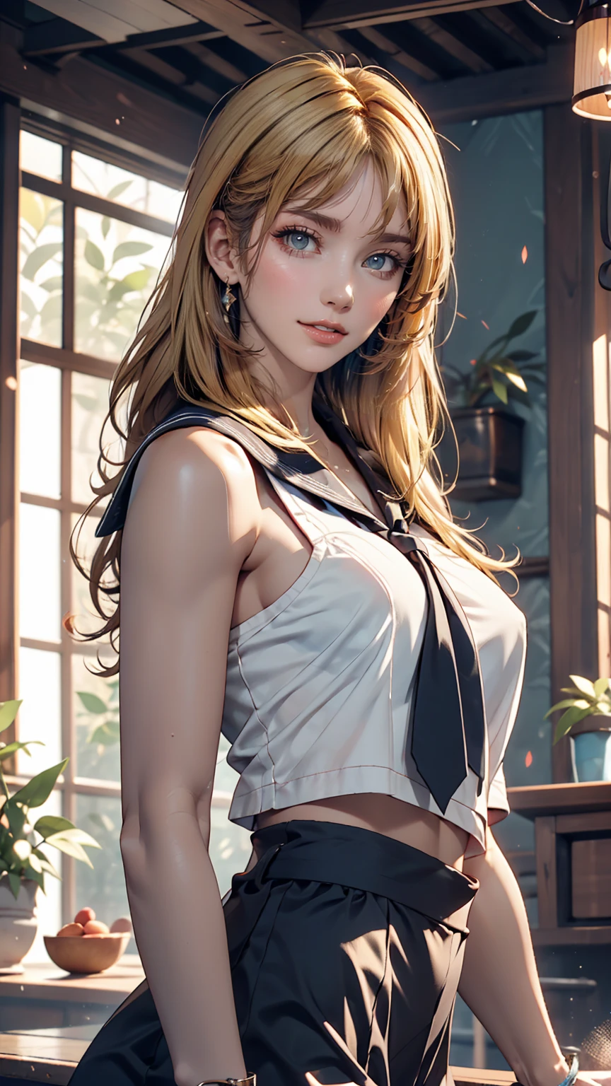 highest quality、4K quality、lean against the wall、Beautiful cleavage、Beautiful Style、tall、Small breasts、Bare buttocks、Small Ass、Blonde up ponytail、Shy face、20-year-old teacher、Bare shoulders、grab the skirt、ultra detail eye,Shooting from the side