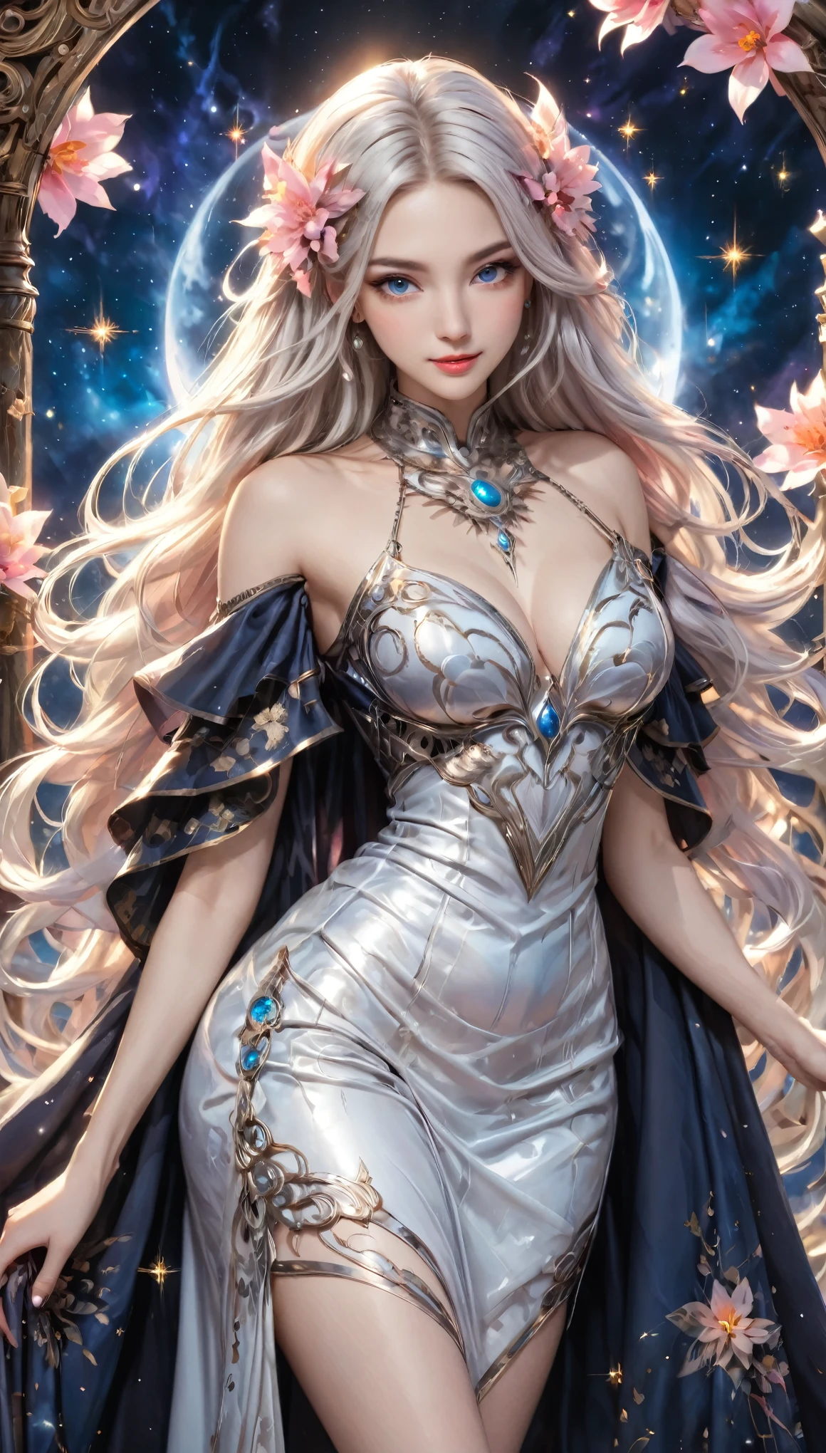 8K resolution, masterpiece, Highest quality, Award-winning works, unrealistic, From above, erotic, sole sexy lady, healthy shaped body, Anatomically accurate skeleton, 22 years old, black mage, 170cm tall, huge firm bouncing busts,, white silver long wavy hair, Detailed facial depictions, Break, Mysterious blue eyes, Standard nose, Eyeliner, pink lips, sexy long legs, Transparent and shiny skin, holy knight, Gothic ruffle long dress, A dress with a complex structure, Seven-colored colorful dress, Clothed in flames, royal coat of arms, elegant, Very detailed, Delicate depiction of hair, miniature painting, Digital Painting, artステーション, コンセプトart, Smooth, Sharp focus, shape, artジャム、Greg Rutkowski、Alphonse Mucha、William Adolphe Bouguereau、art：Stephanie Law , Royal Jewel, nature, Symmetric, Greg Rutkowski, Charlie Bowwater, Unreal, Surreal, Dynamic Lighting, ファンタジーart, Complex colors, Buddhist Mandala, Colorful magic circle, flash, dynamic sexy poses, A kind smile, Mysterious Background, Aura, A gentle gaze, BREAK, Small faint lights and flying fireflies, night, lanthanum, 山の頂From above下界を見下ろす, Starry Sky, milky way, nebula, shooting star, Flowers, birds, wind and moon, (Back view, Looking back towards the camera:1.3), chant healing magic, A pillar of light stretching to the sky, Laser beam, Climb the stairs to heaven