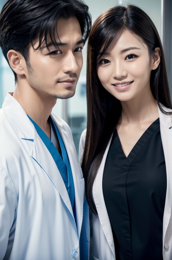 Male dentist and female dental hygienist　２people　A good business partner　日本people　Wearing a lab coat　Wearing all-black medical scrubs　Upper body close-up　high resolution　high resolution　Highest quality　Look straight ahead　Handsome Men and Beautiful Women