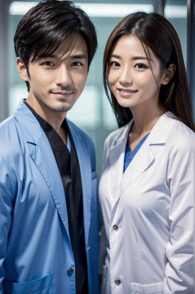 Male dentist and female dental hygienist 2people A good business partner 日本people Wearing a lab coat Wearing all-black medical scrubs Upper body close-up high resolution high resolution Highest quality Look straight ahead Handsome Men and Beautiful Women