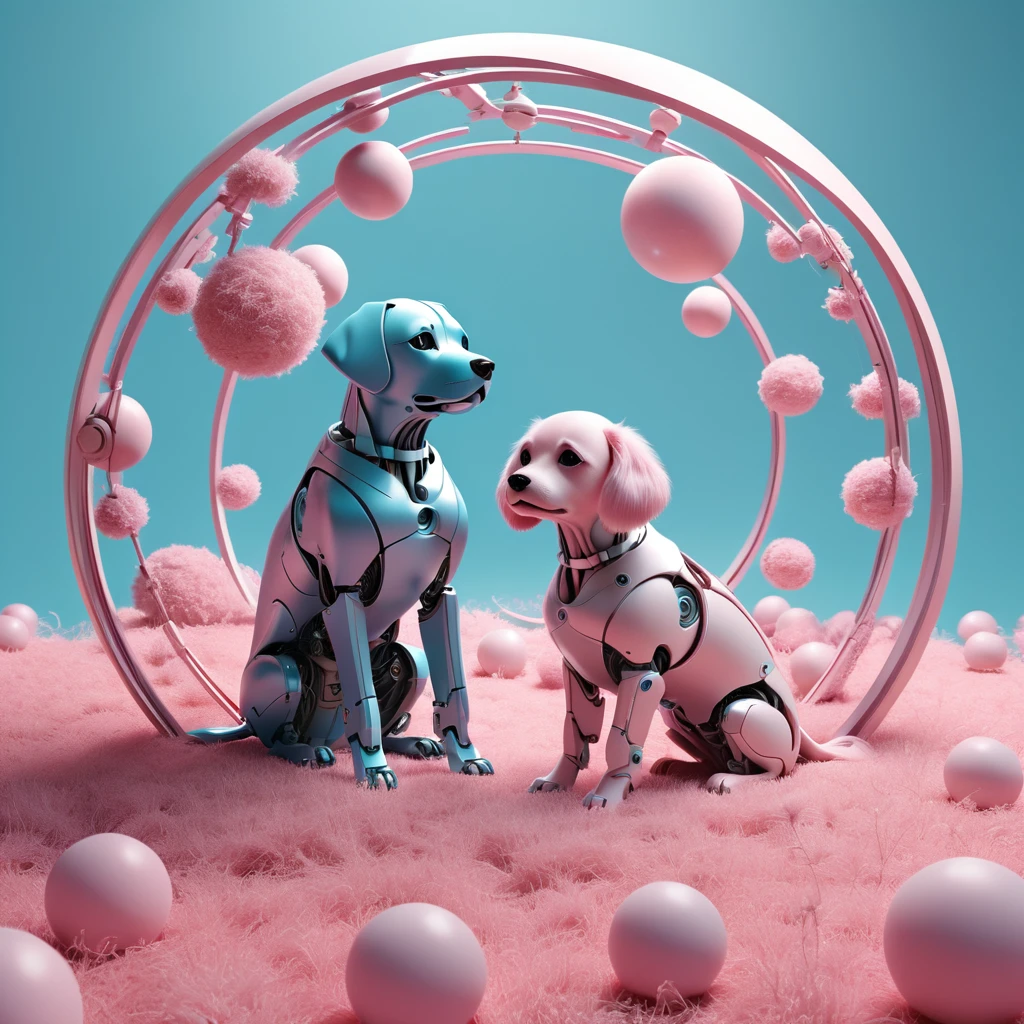 Many sphere silhouettes、Soft body line、Dark lines、High contrast、Rendered in a matte light blue and pink duotone style、Expressing beauty to the fullest、Delicate、Inorganic、Softness、Lightness、BREAK 、Robot dog gets lost inside a sphere、Cute、fluffy