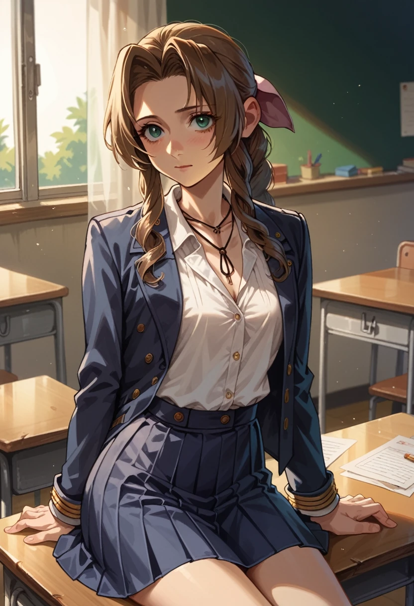 Aerith wearing a navy blazer, white shirt and sailor skirt、Sitting on a chair in the classroom with his upper body facing down on a desk、True Face