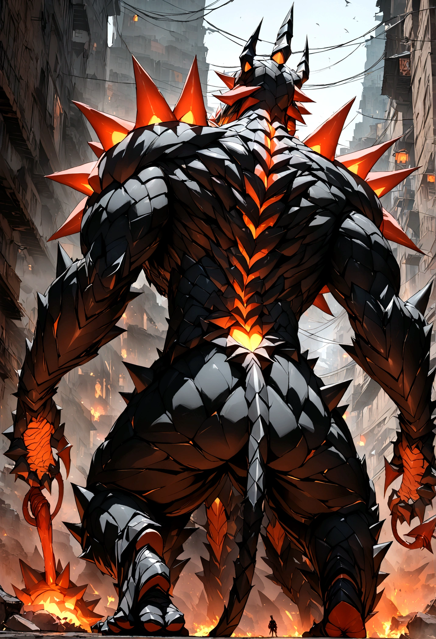 A male with red hair and his Kaiju form in his back, Masterpiece, Best quality, 8K, Detailed skin texture, obsidian-like plates that overlap like armor reptilian head, obsidian spikes running from the forehead to the back of the neck. Four glowing amber eyes, arms with massive claws and blades, feet have three large, taloned toes, A long, whip-like tail ending in a mace-like cluster of obsidian spike, orange lines and aura in between armor. HD. city background destroyed. ultra HD, masterpiece, 4k, 8k