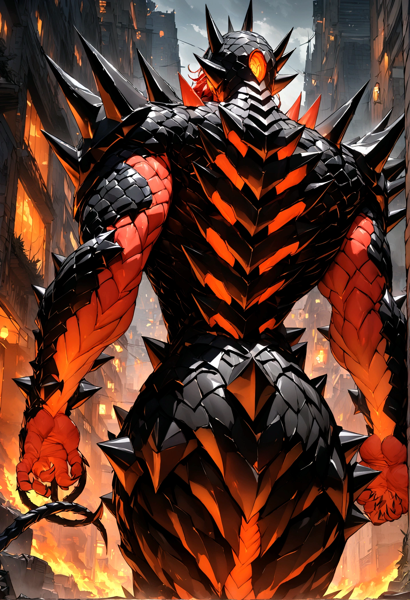 A male with red hair and his Kaiju form in his back, Masterpiece, Best quality, 8K, Detailed skin texture, obsidian-like plates that overlap like armor reptilian head, obsidian spikes running from the forehead to the back of the neck. Four glowing amber eyes, arms with massive claws and blades, feet have three large, taloned toes, A long, whip-like tail ending in a mace-like cluster of obsidian spike, orange lines and aura in between armor. HD. city background destroyed. ultra HD, masterpiece, 4k, 8k