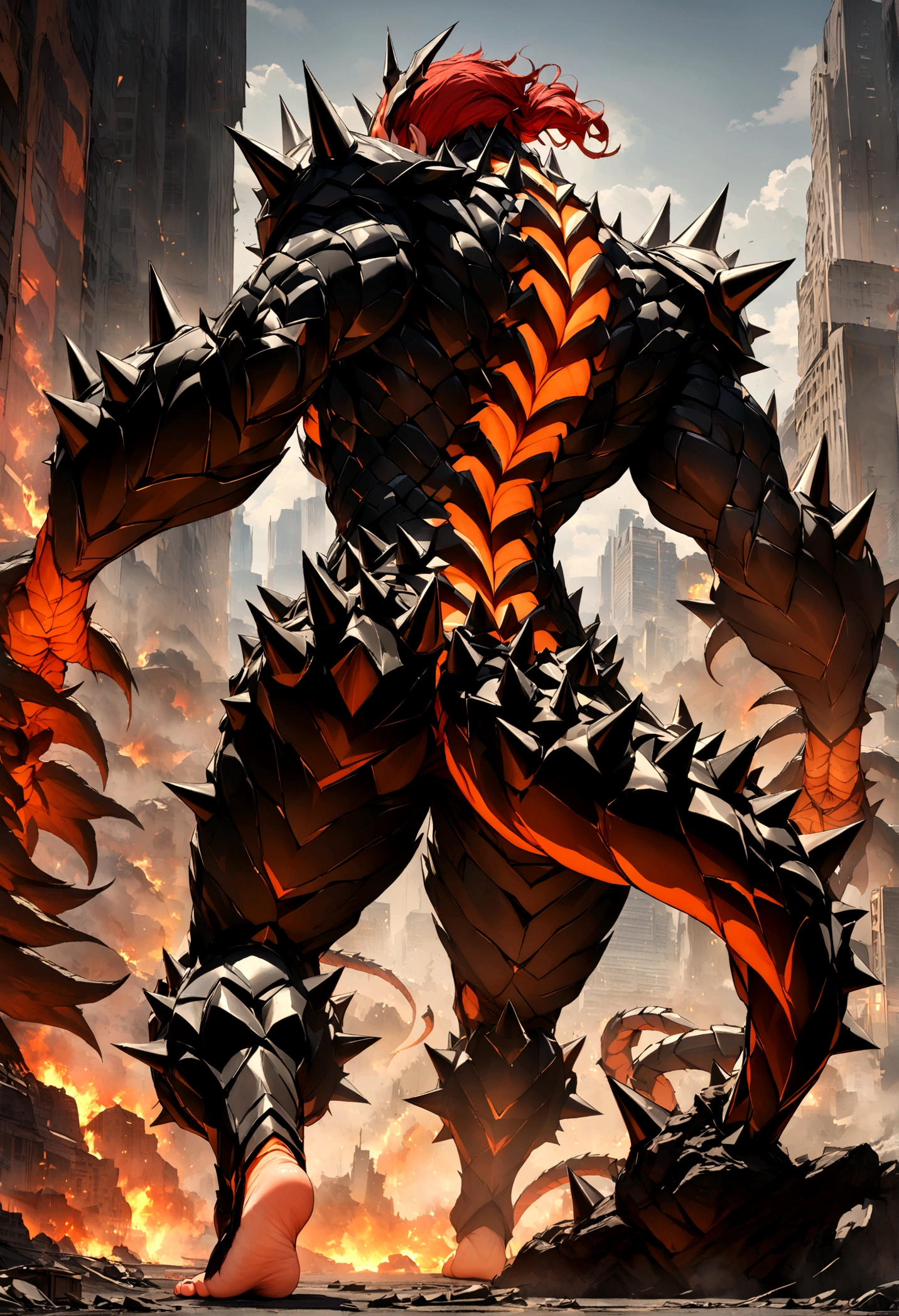 A male with red hair and his Kaiju form in his back, Masterpiece, Best quality, 8K, Detailed skin texture, obsidian-like plates that overlap like armor reptilian head, obsidian spikes running from the forehead to the back of the neck. Four glowing amber eyes, arms with massive claws and blades, feet have three large, taloned toes, A long, whip-like tail ending in a mace-like cluster of obsidian spike, orange lines and aura in between armor. HD. city background destroyed. ultra HD, masterpiece, 4k, 8k