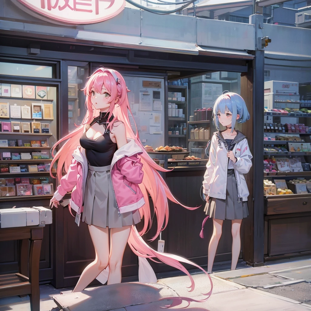 ((Masterpiece)), best quality, absurderes, ultra detailed, holographic, cowboy shot, golden ratio, super cute girl, mature girl, idol girl, super beautiful asian girl with very beautiful violet glowing eyes, beautiful glowing brown multicolored hair, high ponytail, nice and sexy body, slim body, perfect body, wearing a super tight anime printed leotard, an anime printed super tight off shoulder long sleeve crop top, a super aesthetic transparent mini jacket, beautiful hair ornament, pink jordan tennis, being photographed in a mall shop with her handsome skinny boyfriend, with black glowing messy hair, wearing a super aesthetic outfit