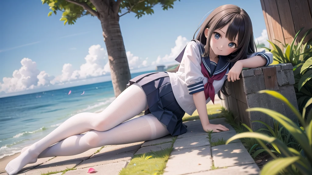 wallpaper, Clear face, (masterpiece), town, blue sky, One Girl, Place the person on the right, smile, alone, Sailor suit、Long skirt, Overgrown, petal, plant、Skirt lining、White slip、nostalgic、pantyhose（gray）、I can see the ocean in the distance, Crotch close-up