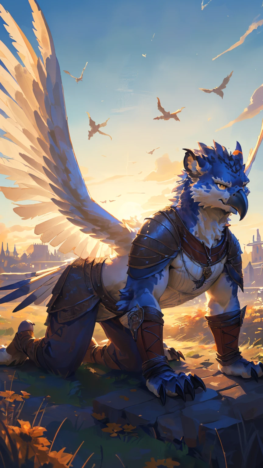 ((middle Ages:1.3,Sky background:1.6)),(Royal Family:1.2),((sunny:1.4)),high resolution,4K,【9:16 Whole body:1.1,posture:1.5】,masterpiece,high quality,((Griffin)),male,Furry,(ager:1.3),hairy,((Fierce and vicious:1.4)),(((Those who land on all fours,Lean:1.2,Big Wings:1.3,Bird claws子:1.3))),(((White upper body:1.4,White Wings:1.3,pupil:1.2,Bird claws:1.3,Lower Body:1.3))),Exquisite eyes,Detailed body,Detailed claws,Detailed feet,Kenket's Art