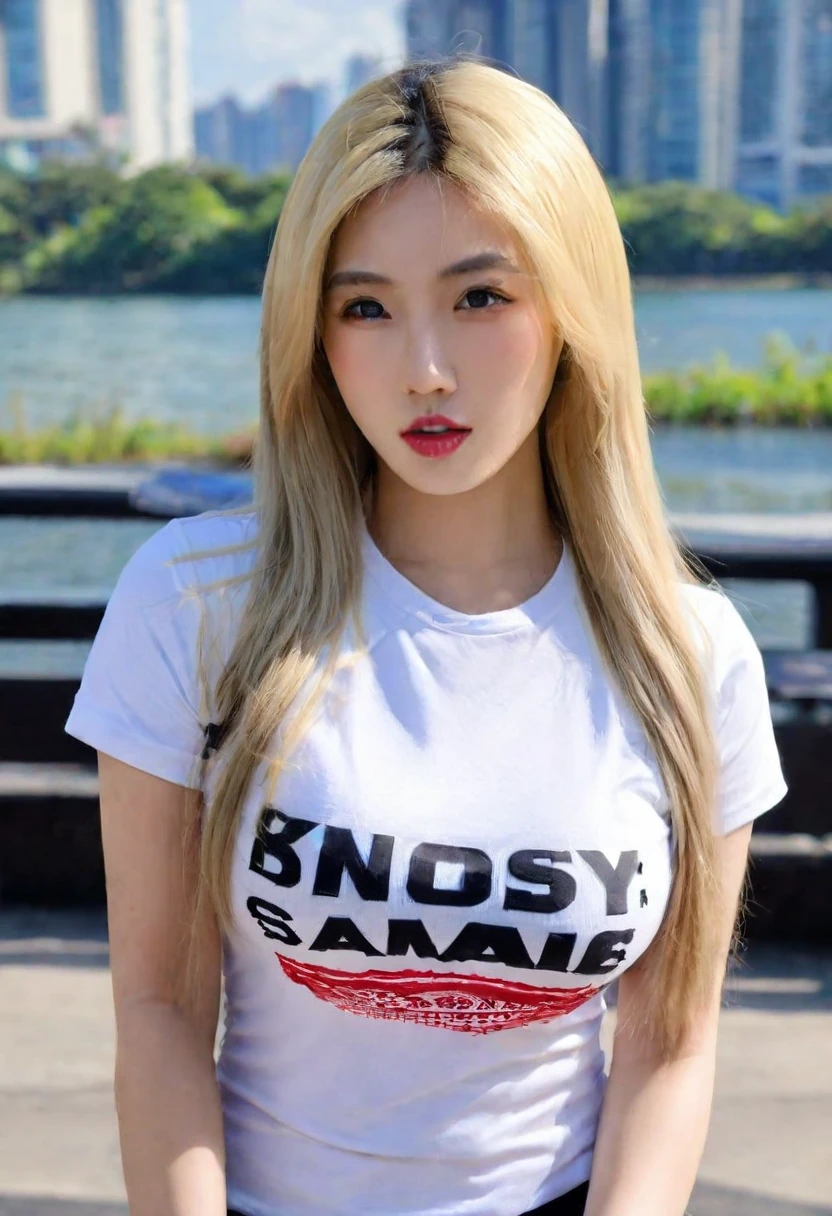 Woman, Asian American, very attractive, big lips, blonde highlights, straight hair, big tits, fully clothed, skin tight t-shirt 