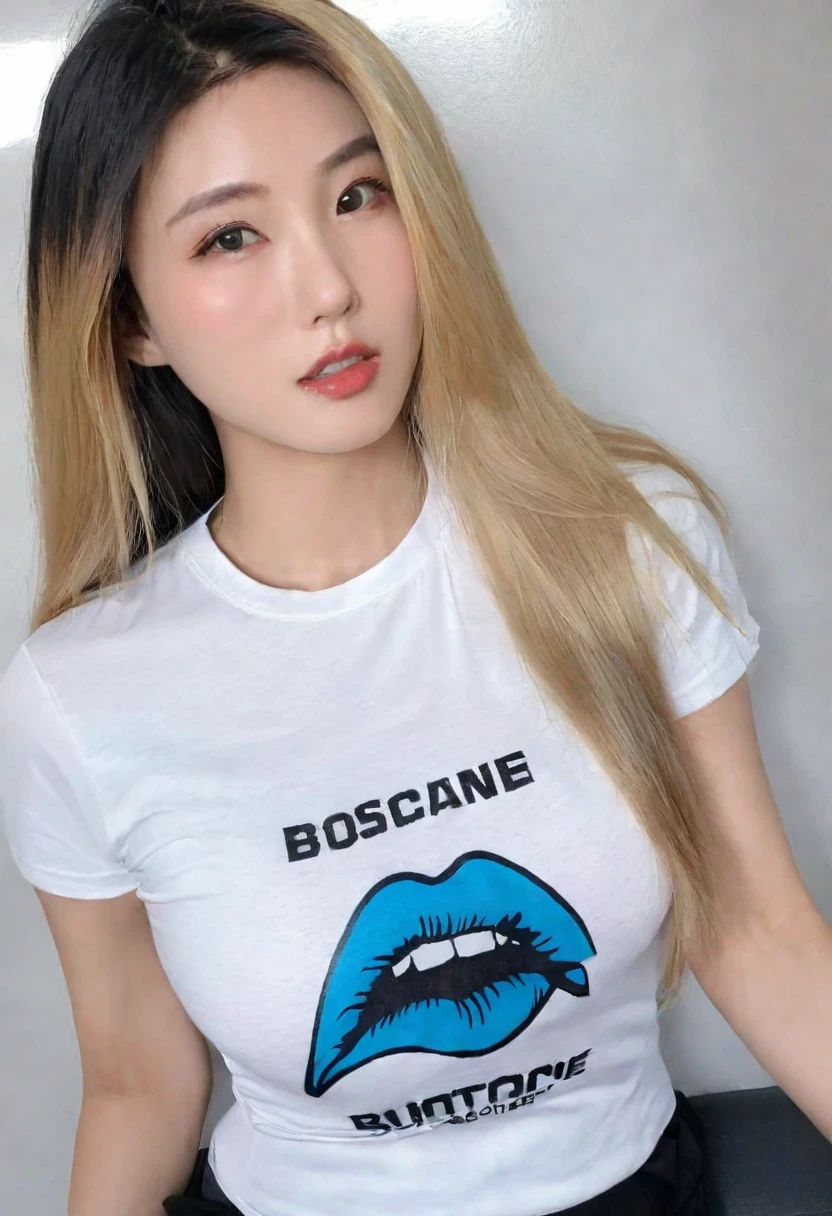 Woman, Asian American, very attractive, big lips, blonde highlights, straight hair, big tits, fully clothed, skin tight t-shirt 