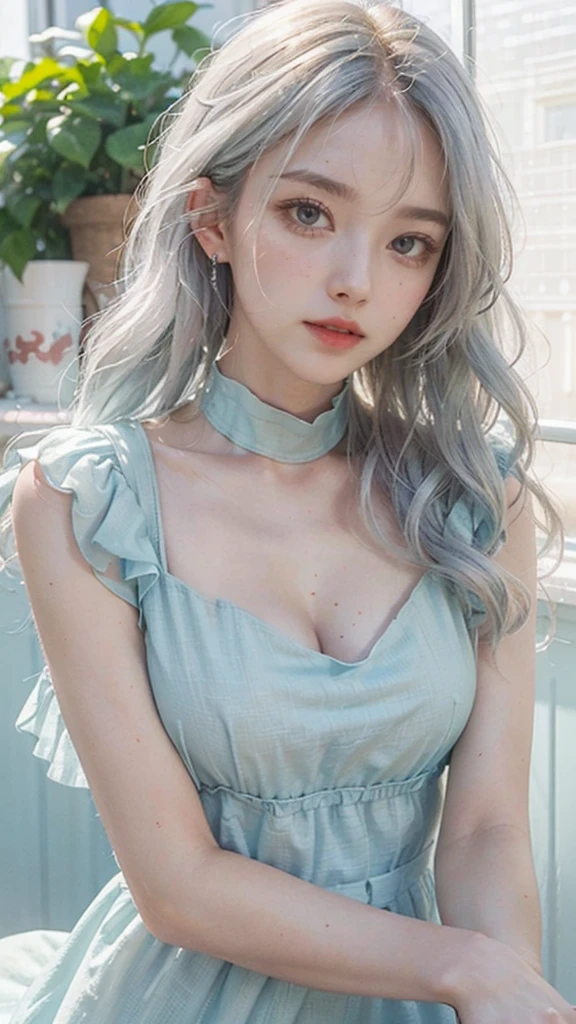 a close-up of a person holding an ice cream cone, sweet girl, woman with wavy silver hair, bangs, light blue eyes, red lips, tender green dress,
