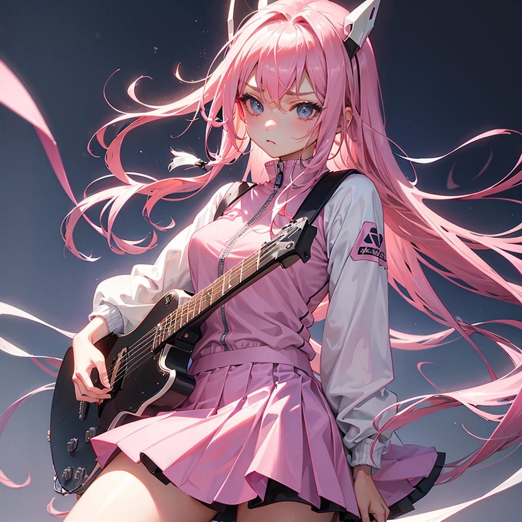 beautiful girl、Troubled face、Pink Hair、Long Hair、Pink jersey、Grey Skirt、Have a black guitar、The zipper on his jersey is open、Nipples are visible