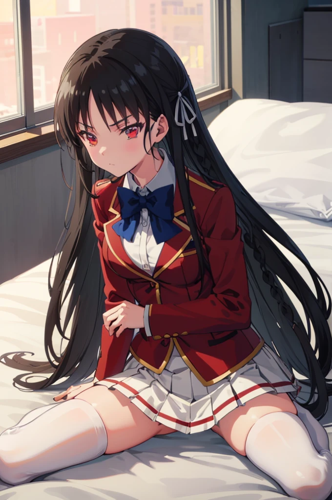 masterpiece, best quality, high resolution, best illustration, super fine illustration, (official art:0.8), anime screencap, anime keyvisual, (perfect anatomy:1.5), 8k portrait, 
1girl,
Suzune Horikita, 
long hair, braid, 
black hair, 
(red eyes:1.2), slant eyes, small eyes, 
blue bow, 
medium breasts, 
(school uniform, red jacket, white skirt, pleated skirt, black thighhighs),
looking at viewer, 
cowboy shot, (nsfw:1.2), 
natural light, background of indoor, lie on the bed, seductive pose, (spread legs:1,1), show panties, 