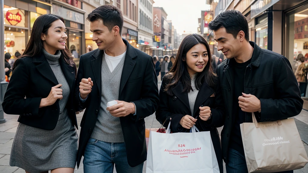 2women1man shopping outdoors together in the United States, hand holding a bag, no Chinese language