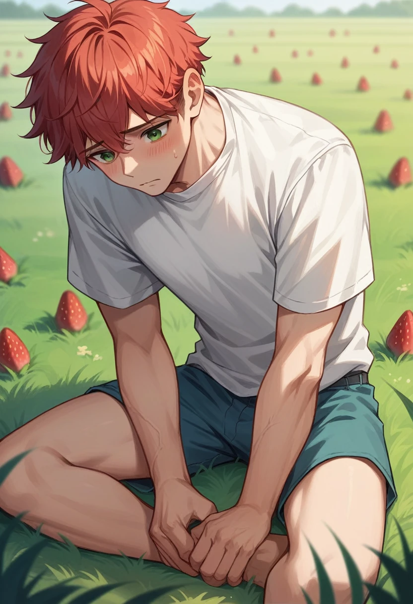 best quality, ultra high res, 1 boy, red hair, green eyes, short and thin body, wearing a white shirt and shorts, ((shy expression)), strawberry field