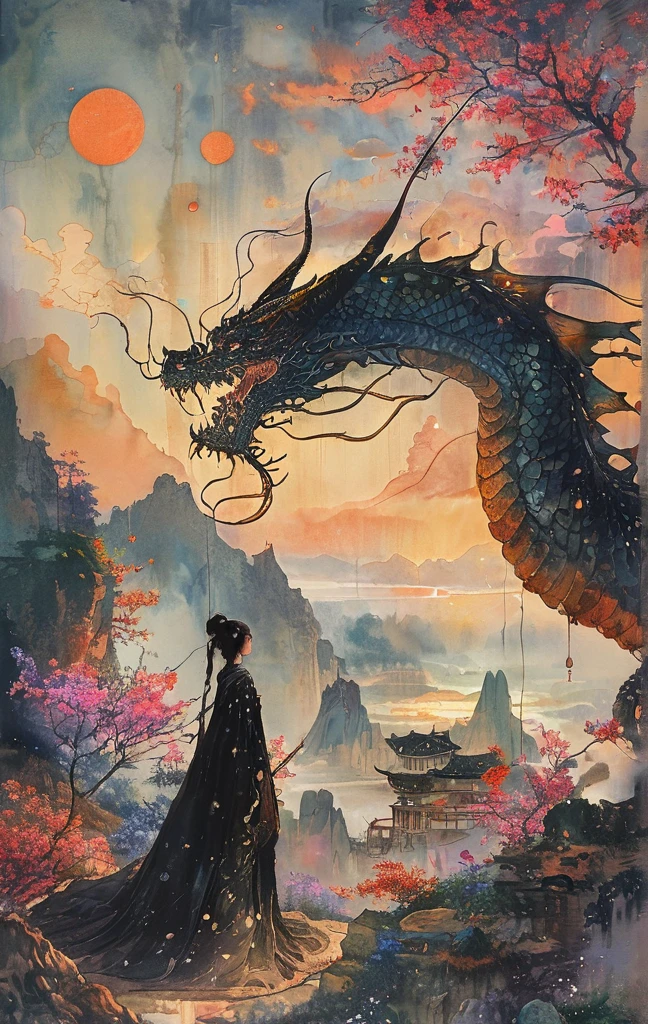 A white dragon lies in the middle of an endless field full of purple flowers, surrounded by snow-capped mountains and a blue sky sparkling with golden sunset rays. The whole scene is filled with a dreamy atmosphere, with vibrant colors and detailed background elements rendered in high resolution and detailed in a top quality illustration style. (Highest quality,4K,8K,High resolution,masterpiece:1.2),Super detailed,(Realistic,photoRealistic,photo-Realistic:1.37),Hot thick succubus mom with long black hair, deep black lips, She wears a revealing black leather outfit with BDSM themes.. Her outfit consists of a seductive bustier, accentuate her voluptuous figure. Her skin is a captivating shade of fiery red, Exudes a devilish charm. A pair of majestic demon wings gracefully grow from her back., Intricately detailed and intricately painted patterns. On her head, She has enchanted tiefling horns, Embodying her other-dimensional existence. The artwork should capture her captivating aura., Showing her confidence and strength. The lighting in the scene should accentuate the seductive curves of her body., Project dramatic shadows and highlights. The color palette should evoke a sense of darkness and desire., Rich black contrast, red, deep chestnut color.