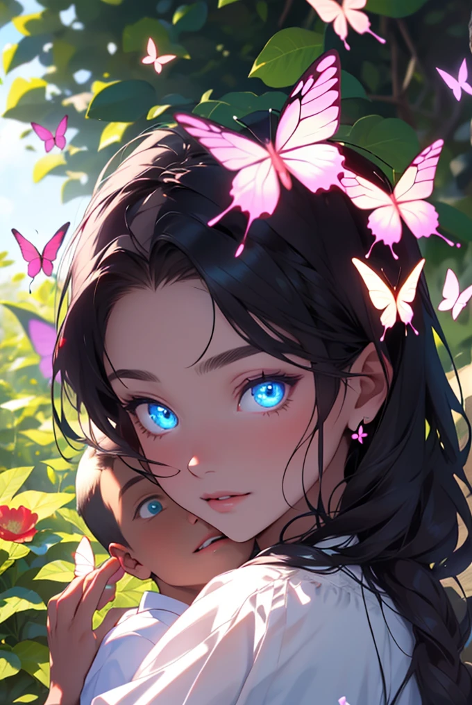 1 girl, 1 boy, princess hug, flower bush, masterpiece, best quality, delicate facial features, glowing butterflies, beautiful eyes, beautiful face
